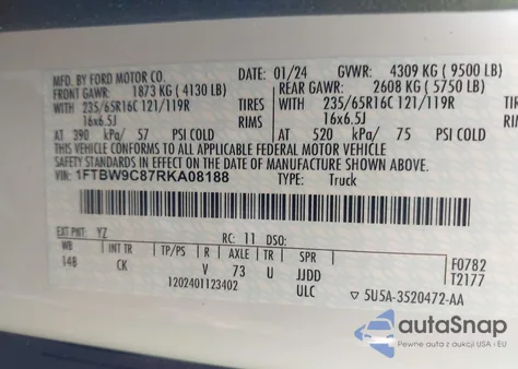 2024 Ford Transit-350 Cargo Van из США, поврежденный, VIN 1FTBW9C87RKA08188